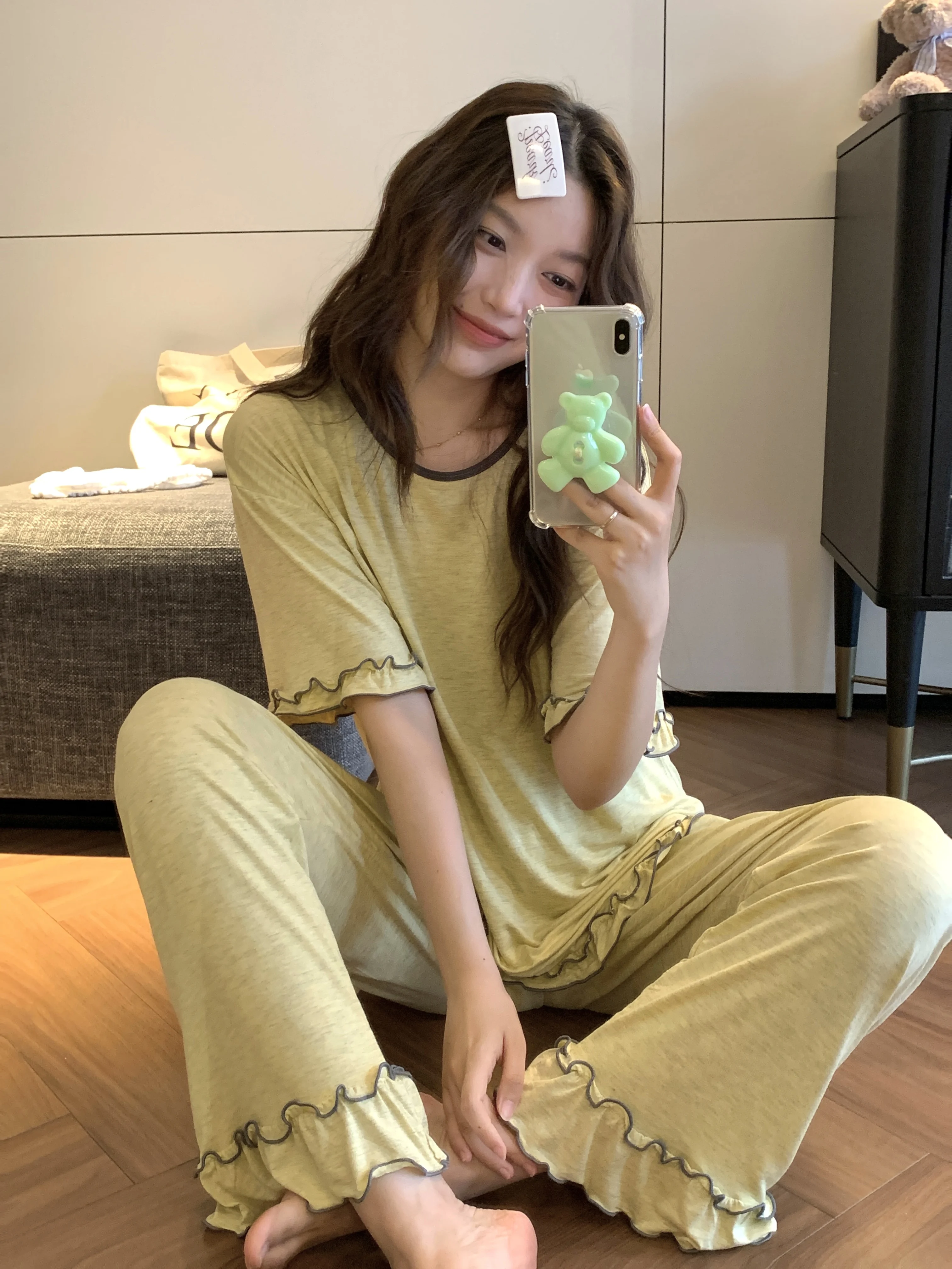 Sweet Style Modal Cotton Sleepwear Women Summer Thin Loose Ruffle Short Sleeve Long Pants Home Clothes Set Can Be Worn outside
Sweet Style Modal Cotton Sleepwear Women Summer Thin Loose Ruffle Short Sleeve Long Pants Home Clothes Set Can Be Worn outside