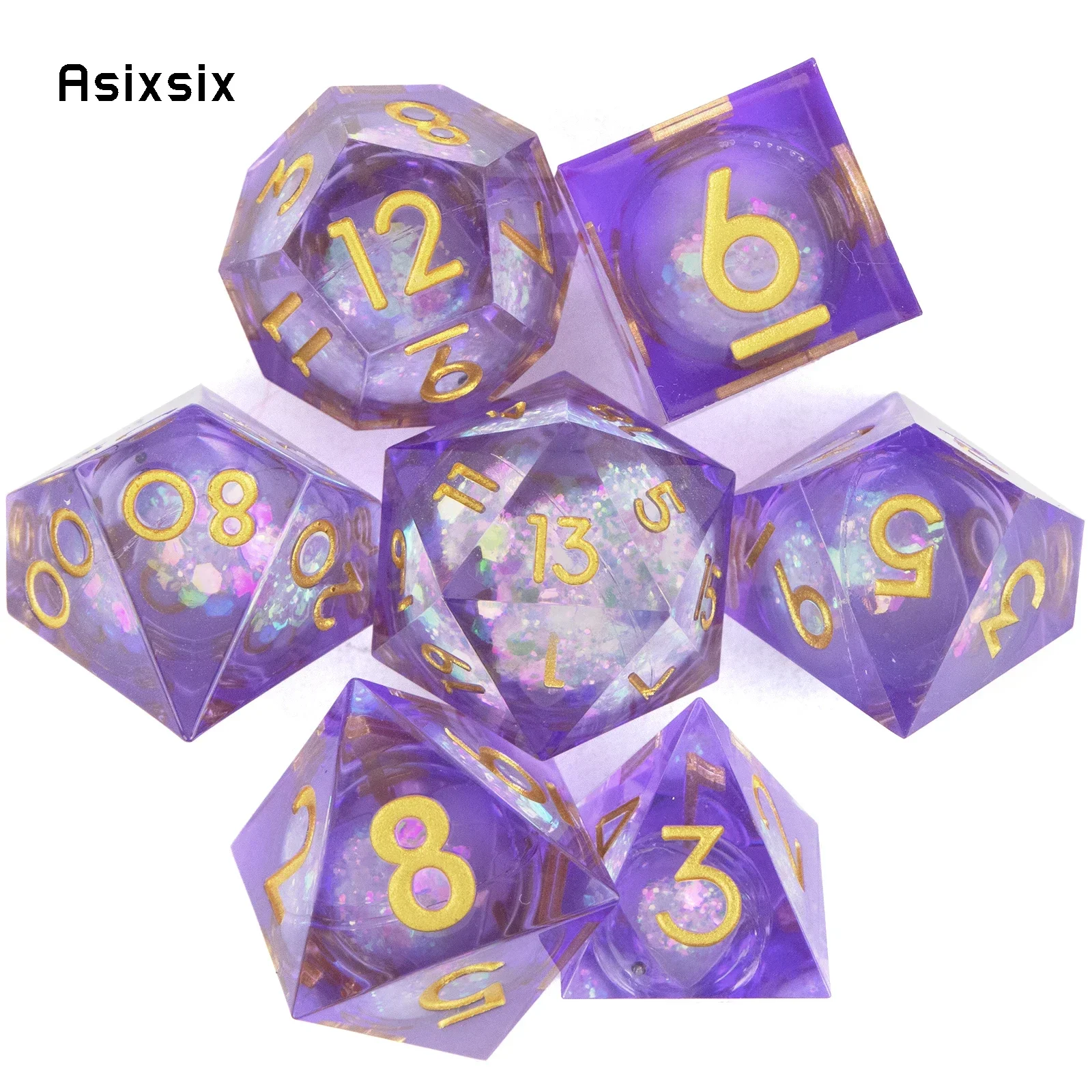 7 Pcs Purple Flowing Sand Golden Number Sharp Edge Resin Dice Polyhedral Dice Suitable For Role-Playing RPGGift
7 Pcs Purple Flowing Sand Golden Number Sharp Edge Resin Dice Polyhedral Dice Suitable For Role-Playing RPGGift