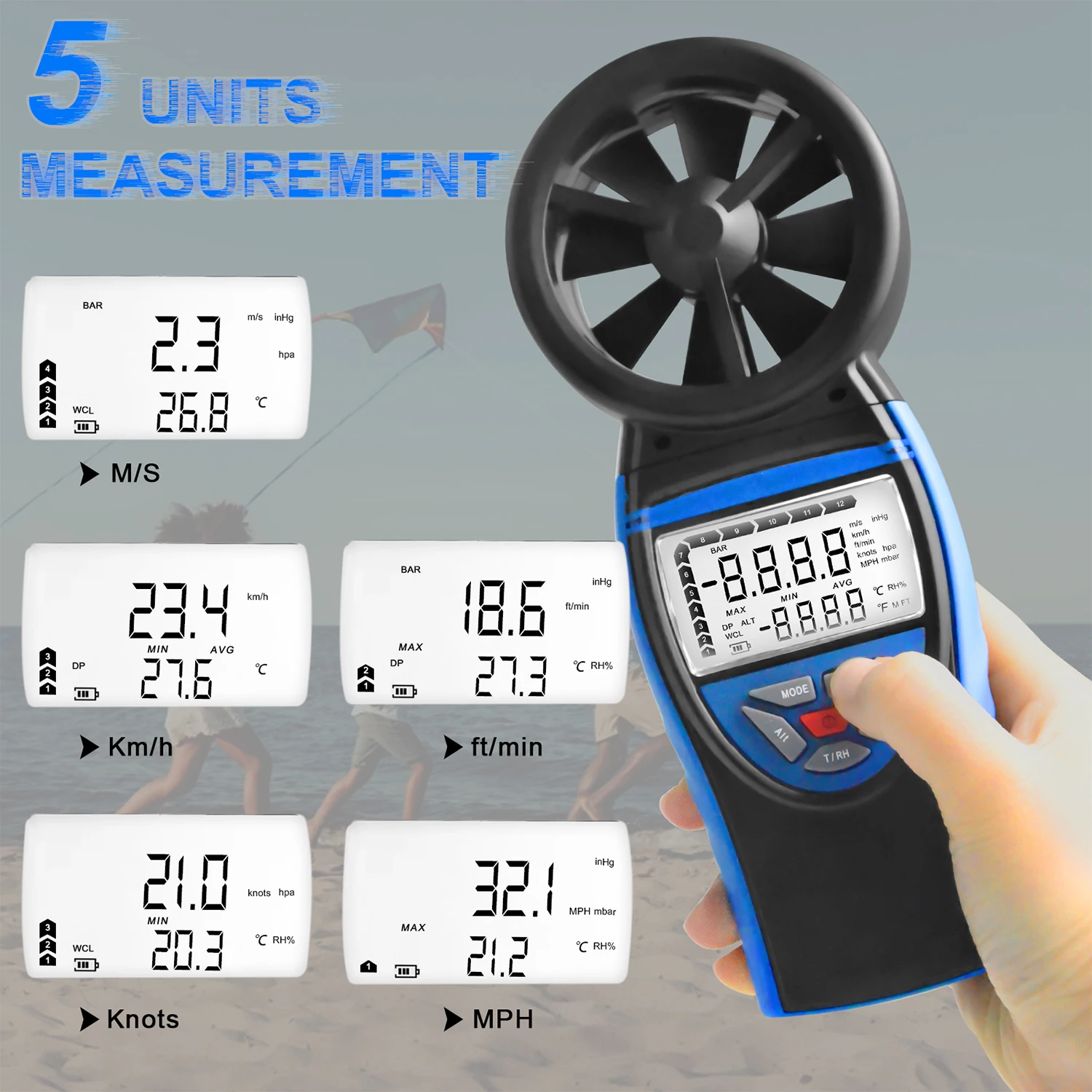 Цифровой анемометр HOLDPEAK, измерение скорости ветра, температуры и влажности, атмосферного давления, воздушный расходомер HVAC
Цифровой анемометр HOLDPEAK, измерение скорости ветра, температуры и влажности, атмосферного давления, воздушный расходомер HVAC