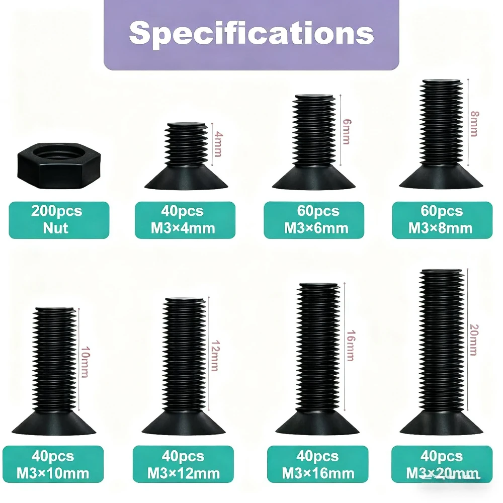 480Pcs/Box M3 Screw Set M3x6 M3x8m M3x16 Countersunk Flat Phillips Black Carbon Steel Machine Screws Bolts Nuts Assortment Kit
480Pcs/Box M3 Screw Set M3x6 M3x8m M3x16 Countersunk Flat Phillips Black Carbon Steel Machine Screws Bolts Nuts Assortment Kit