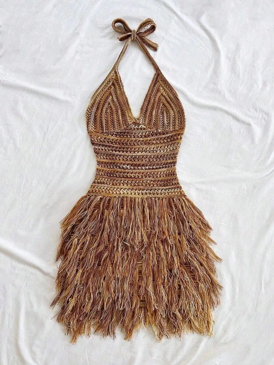 Womens Crochet V-Neck Halter Mini Dress With Tassel Hem Boho Style
Womens Crochet V-Neck Halter Mini Dress With Tassel Hem Boho Style