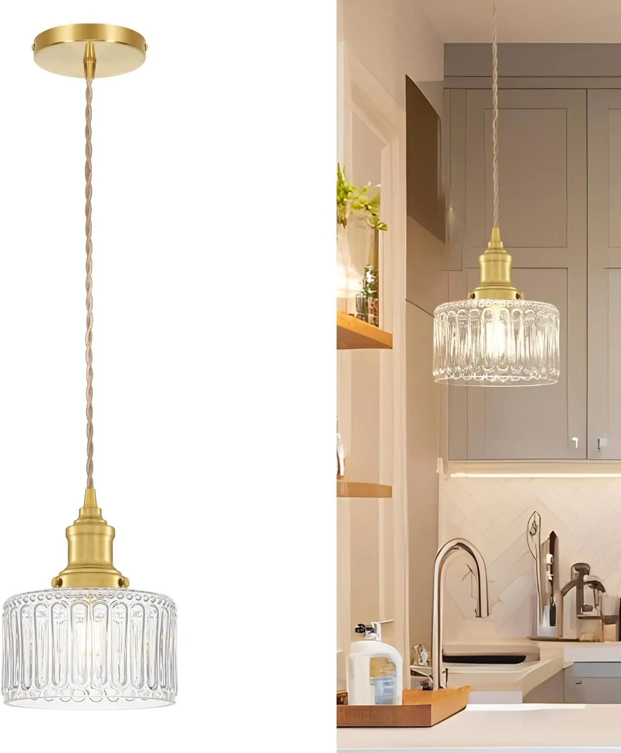 Brushed Gold Pendant Light with Clear Striped Glass Shade, Adjustable Height for Kitchen Island
Brushed Gold Pendant Light with Clear Striped Glass Shade, Adjustable Height for Kitchen Island