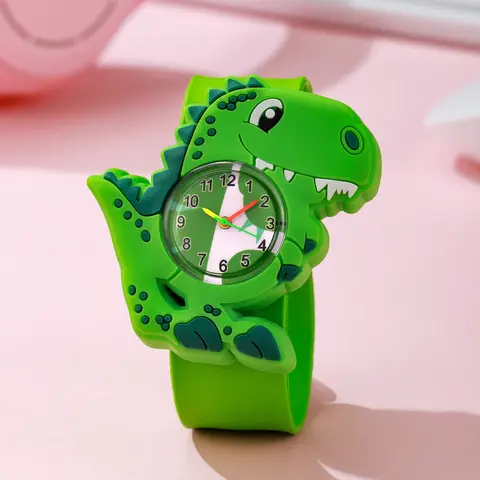 Creative cute green silicone dinosaur watch with colorful hands, snap-on design quartz wristwatch, suitable for Christmas and Ha