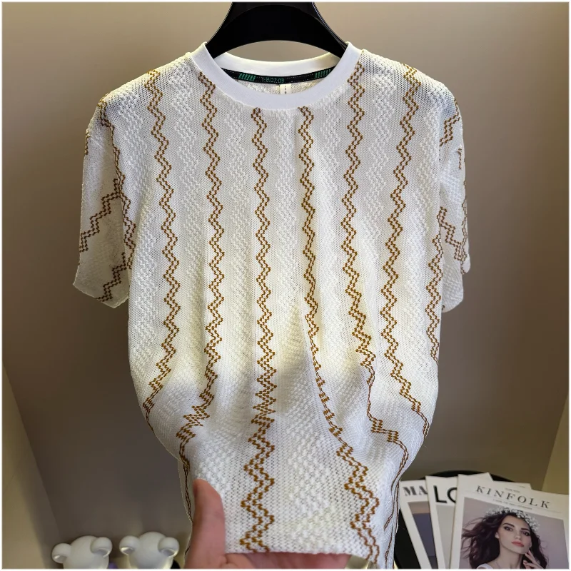 Ice Silk Knitted Striped T-shirt for Men Jacquard Short Sleeved T-shirts Breathable Comfortable Social Streetwear Men Clothing
Ice Silk Knitted Striped T-shirt for Men Jacquard Short Sleeved T-shirts Breathable Comfortable Social Streetwear Men Clothing