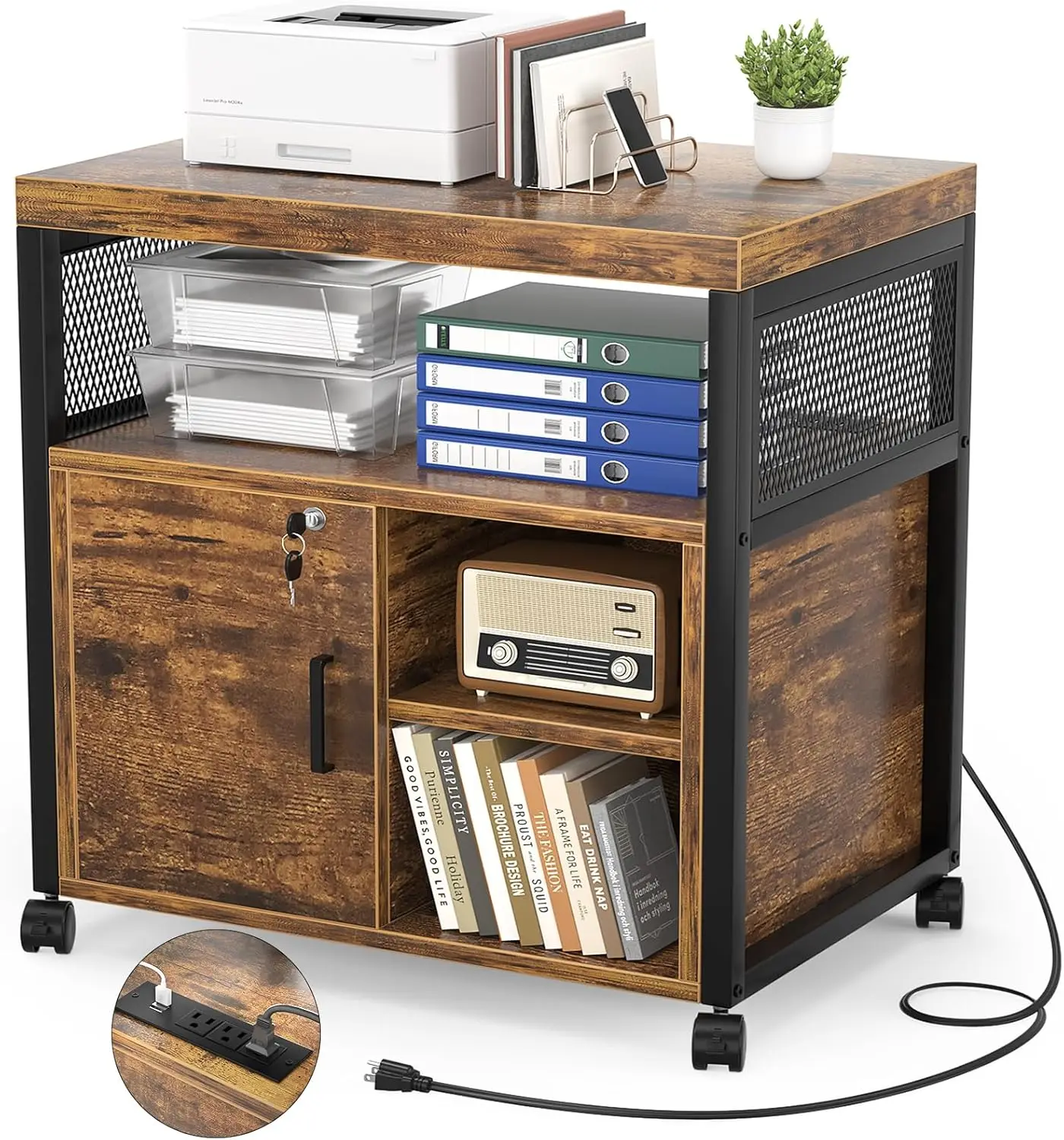File Cabinet, Locking Office Filing Cabinets with Socket and USB Charging Port, Modern Rolling Printer Stand with Storage for A4
File Cabinet, Locking Office Filing Cabinets with Socket and USB Charging Port, Modern Rolling Printer Stand with Storage for A4