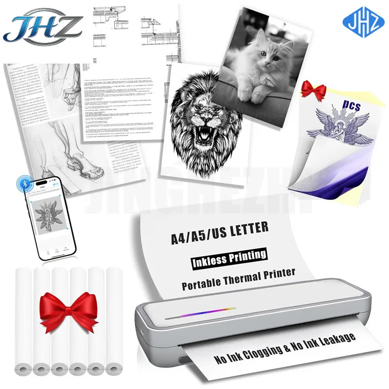 JHZ for Portable Wireless Bluetooth US Letter & A4 Size Thermal Printer Compatible with iOS Android & for Tattoo Travel Office