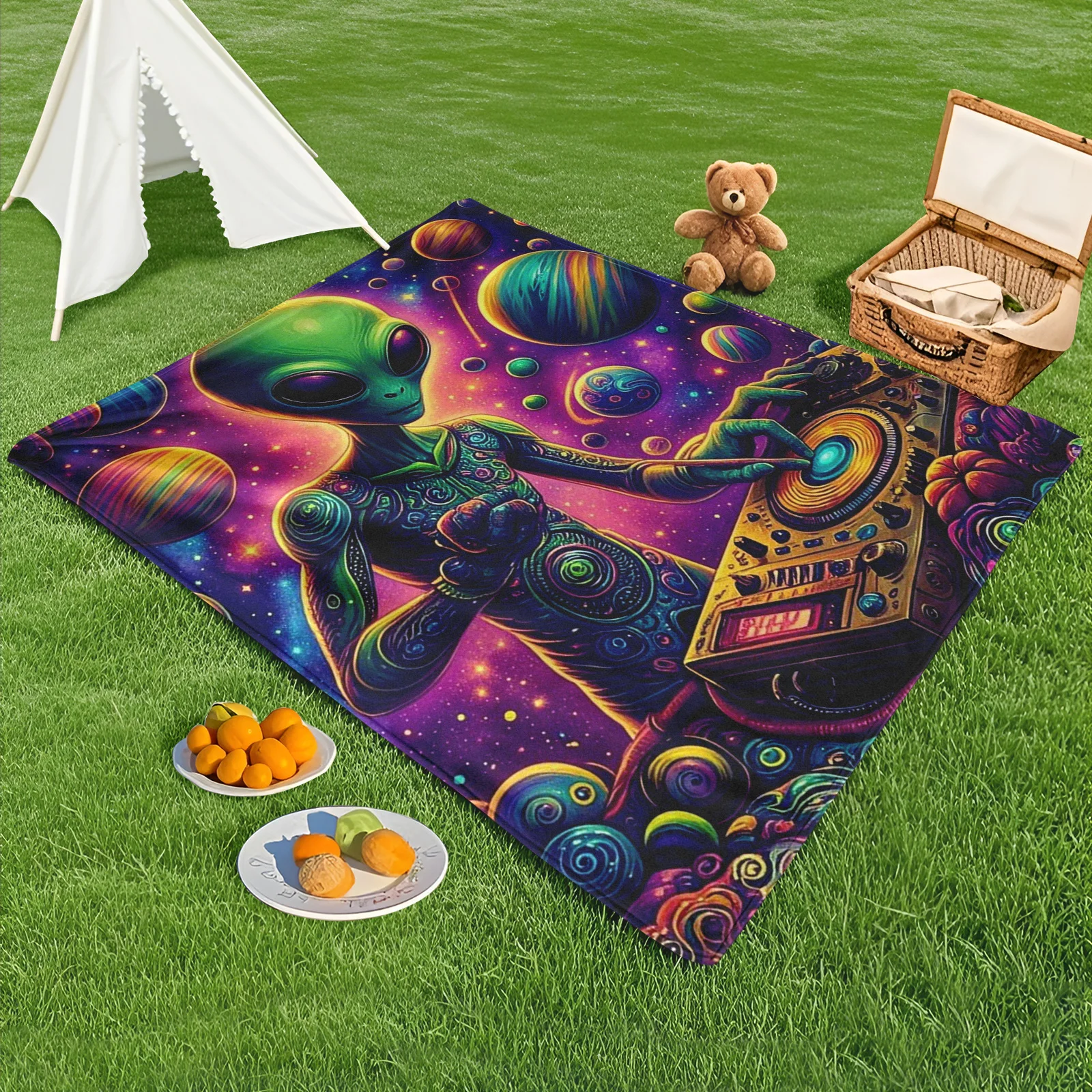 Alien And Speaker In Cosmic Blue Universe Design Outdoor Blanket For Camping And Nature Inspired Decorative Use
Alien And Speaker In Cosmic Blue Universe Design Outdoor Blanket For Camping And Nature Inspired Decorative Use