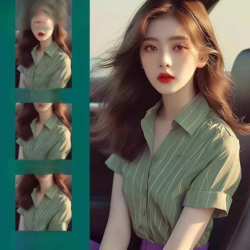 2025 New Summer Stripe Cotton Versatile Shirt Women Stand Collar Tops Girl Short Sleeve Printed Literature Green Blouse Top A93
2025 New Summer Stripe Cotton Versatile Shirt Women Stand Collar Tops Girl Short Sleeve Printed Literature Green Blouse Top A93