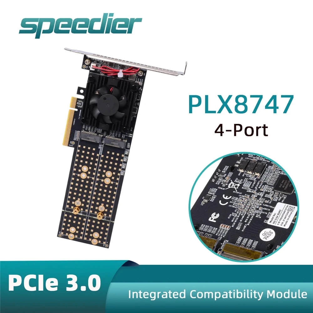 PCIe 3.0 X8 4-Port M.2 NVMe Expansion Card PLX8747 No Bifurcation Silent Fan with Bracket NVMe SSD Adapter PC Server NAS Storage
PCIe 3.0 X8 4-Port M.2 NVMe Expansion Card PLX8747 No Bifurcation Silent Fan with Bracket NVMe SSD Adapter PC Server NAS Storage