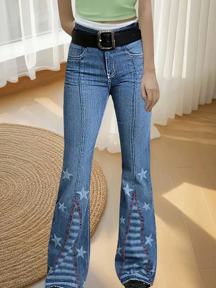 【HME】Women's high-waisted jeans, blue striped women's printed flared pants, buttoned star-printed jeans, fitted flared jeans
【HME】Women's high-waisted jeans, blue striped women's printed flared pants, buttoned star-printed jeans, fitted flared jeans