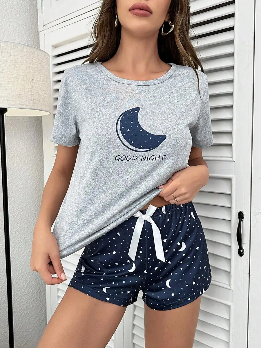 Moon Graphic Tee And Bow Front Shorts Pajama Set Women Sleepwear
Moon Graphic Tee And Bow Front Shorts Pajama Set Women Sleepwear