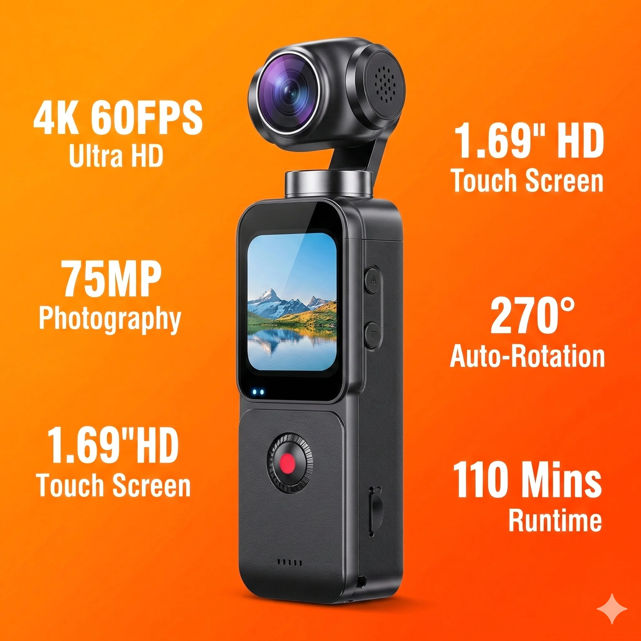 75MP Photo 4K 60FPS/30FPS UHD Camcorder, 1.69" Screen, Electric Rotation, 110Mins Recording, Time Lapse & Slow Motion Video Came
75MP Photo 4K 60FPS/30FPS UHD Camcorder, 1.69" Screen, Electric Rotation, 110Mins Recording, Time Lapse & Slow Motion Video Came