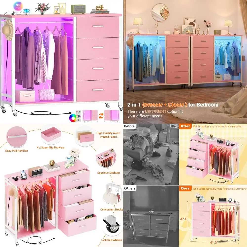 Розовый комод для спальни с 4 тканевыми ящиками, вешалка для одежды, зарядная станция, светодиодная подсветка, сундук для хранения
Розовый комод для спальни с 4 тканевыми ящиками, вешалка для одежды, зарядная станция, светодиодная подсветка, сундук для хранения