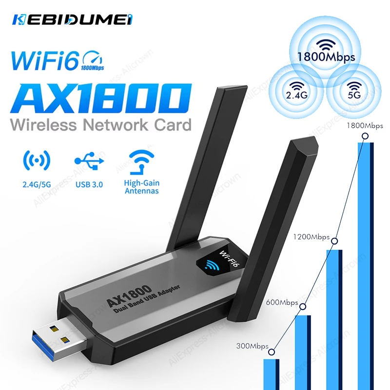 KEBIDUMEI WiFi 6 USB Adapter 1800Mbps USB3.0 Wireless Network Card 5G/2.4GHz 802.11ax AC600 AX300 Gain Antenna Wi-fi PC Receiver
KEBIDUMEI WiFi 6 USB Adapter 1800Mbps USB3.0 Wireless Network Card 5G/2.4GHz 802.11ax AC600 AX300 Gain Antenna Wi-fi PC Receiver
