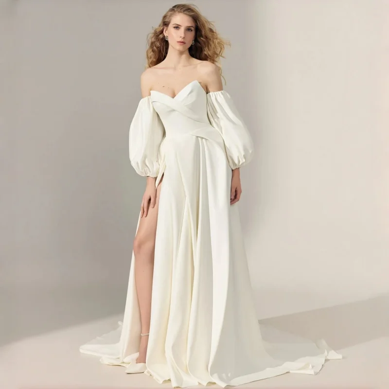 Elegant Satin A-Line Wedding Dress With Detachable Puff Sleeves Court Train High Slit Customizable
Elegant Satin A-Line Wedding Dress With Detachable Puff Sleeves Court Train High Slit Customizable
