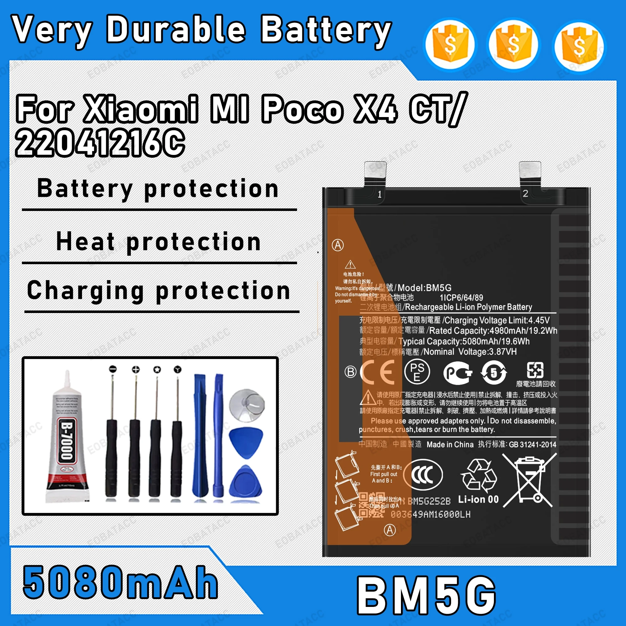 5080mAh 100% New BM5G Battery For Xiaomi Poco X4 GT Replacement Bateria+Free Tools
5080mAh 100% New BM5G Battery For Xiaomi Poco X4 GT Replacement Bateria+Free Tools