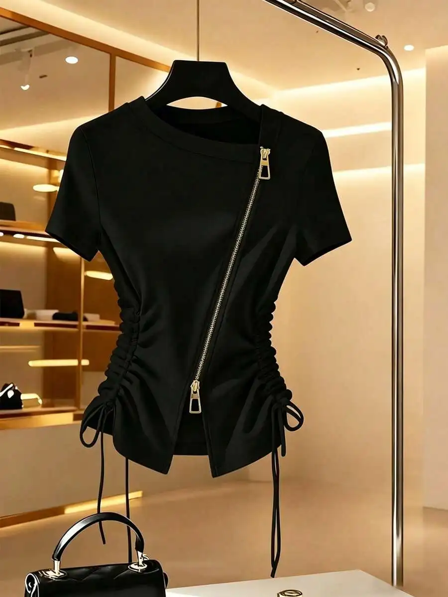 Black Knit Textured Women T-Shirt, Drawstring Double-Ended Zipper Fitted Top for Office Teacher Daily Summer Wear
Black Knit Textured Women T-Shirt, Drawstring Double-Ended Zipper Fitted Top for Office Teacher Daily Summer Wear