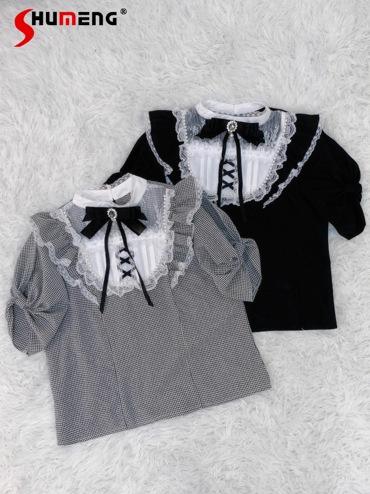 Japanese Mine Style Mass-Produce Blouse Lace Splicing Stand Collar Bow Puff Sleeve Sweet Cute Lolita Versatile T-Shirt Top Women 
Japanese Mine Style Mass-Produce Blouse Lace Splicing Stand Collar Bow Puff Sleeve Sweet Cute Lolita Versatile T-Shirt Top Women