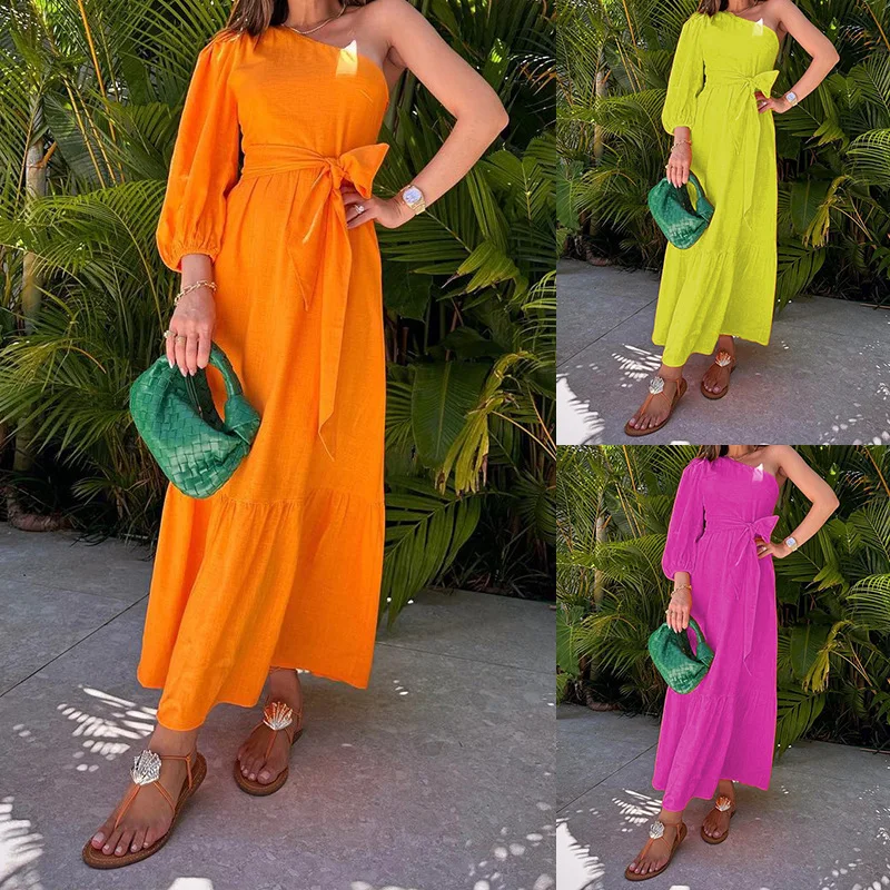 SKMY 2024 Spring New Women Clothing Fashion Solid One Shoulder Puff Sleeve Midi Dresses Lace-Up Cotton And Linen Party Dresses
SKMY 2024 Spring New Women Clothing Fashion Solid One Shoulder Puff Sleeve Midi Dresses Lace-Up Cotton And Linen Party Dresses