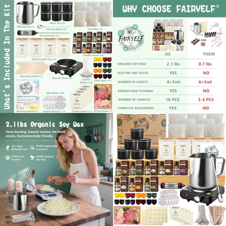 Premium Candle Making Kit with Wax Melter, DIY Starter Scented Candles Making Kit for Adults Include Glass Jar and Tins, Scents
Premium Candle Making Kit with Wax Melter, DIY Starter Scented Candles Making Kit for Adults Include Glass Jar and Tins, Scents
