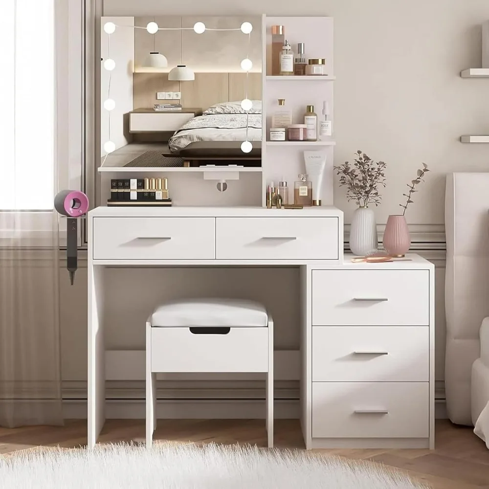 Vanity Desk with Mirror and 10 Lights, Makeup Vanity Set with Power Outlet & Nightstand, 5 Large Drawers, Bedroom Dressing Tabl
Vanity Desk with Mirror and 10 Lights, Makeup Vanity Set with Power Outlet & Nightstand, 5 Large Drawers, Bedroom Dressing Tabl