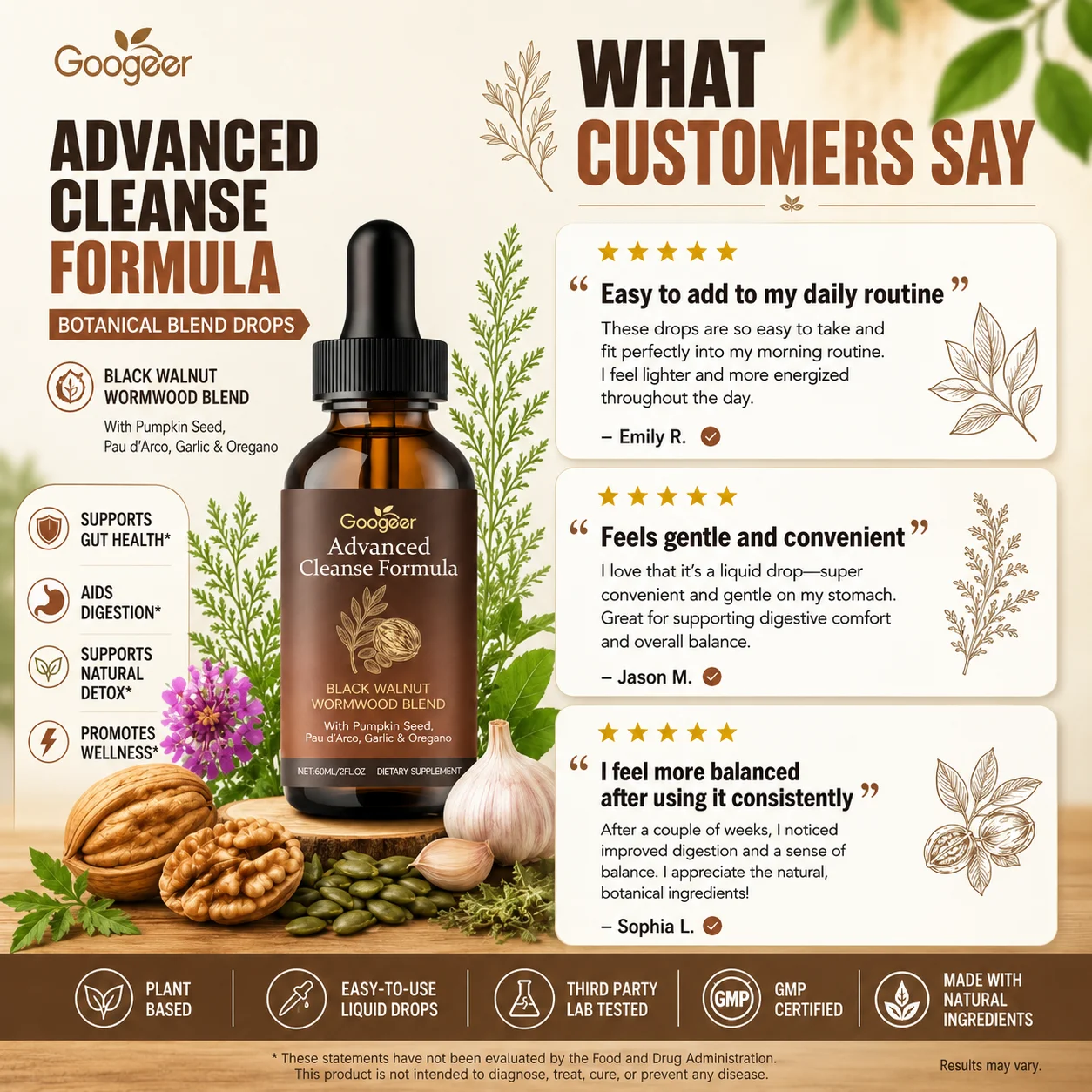 Googeer Black Walnut Wormwood Cleanse Drops Pumpkin Seed Garlic Oregano Liquid Herbal Supplement Plant Based Vegan Non GMO 60ml
Googeer Black Walnut Wormwood Cleanse Drops Pumpkin Seed Garlic Oregano Liquid Herbal Supplement Plant Based Vegan Non GMO 60ml