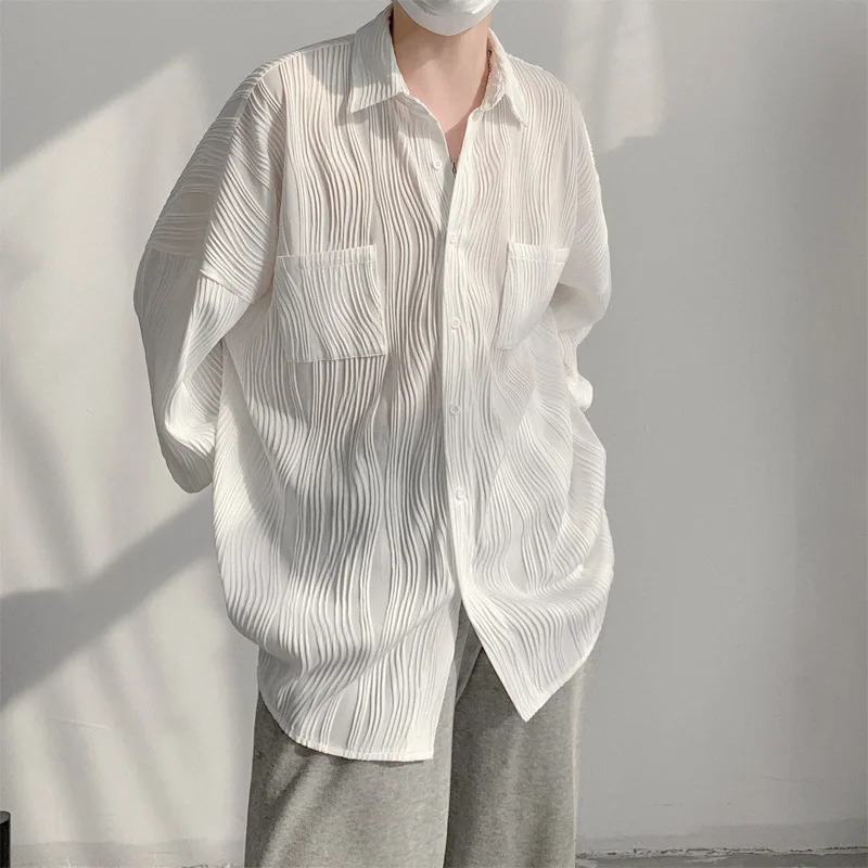 Luxury Black White Long Sleeve Shirts Men Wave Texture Cross-border Fashion Solid Mens Shirt Pleated Loose Casual Mens Shirts
Luxury Black White Long Sleeve Shirts Men Wave Texture Cross-border Fashion Solid Mens Shirt Pleated Loose Casual Mens Shirts