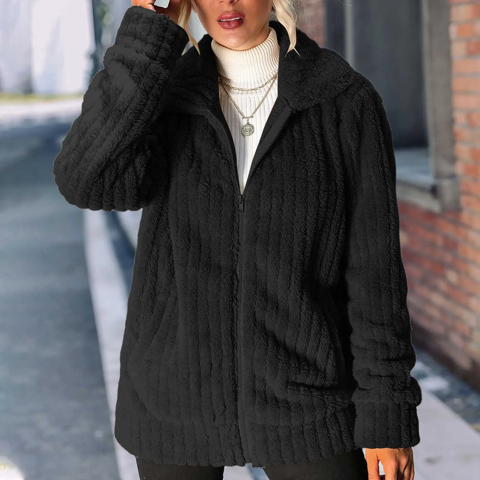 Fashion Women's Autumn Winter Stripe Zipper Long Sleeve Solid Color Mid Length Reversible Coat Casual Warm Plush Jacket
Fashion Women's Autumn Winter Stripe Zipper Long Sleeve Solid Color Mid Length Reversible Coat Casual Warm Plush Jacket