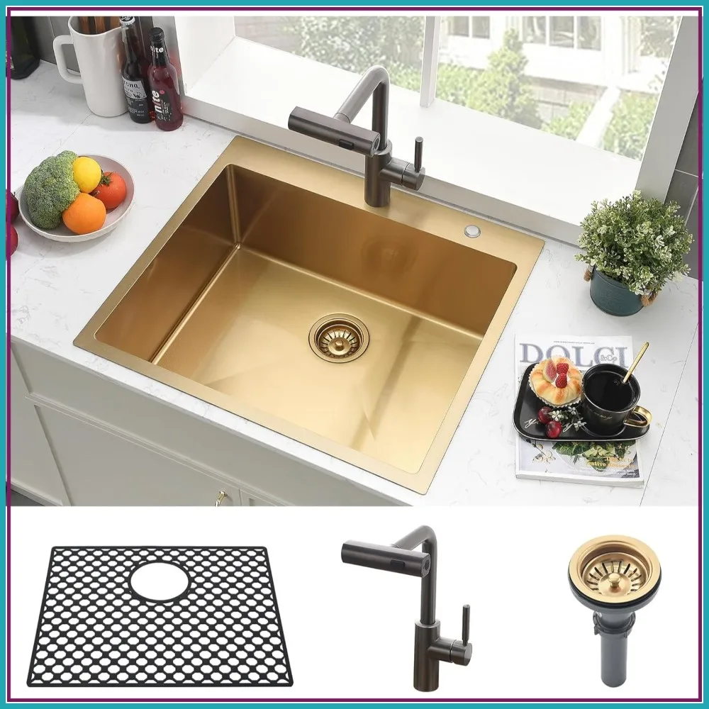 20 Inch Gold Drop In Kitchen Sink with Faucet Combo, 18 Gauge Stainless Steel Top Mount Single Bowl for RV Wet Bar
20 Inch Gold Drop In Kitchen Sink with Faucet Combo, 18 Gauge Stainless Steel Top Mount Single Bowl for RV Wet Bar