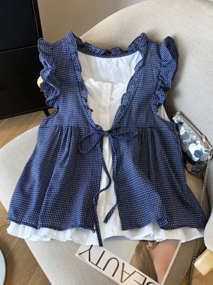 Korean Sle Plaid Svel Dr irt for Women Summer Fre Looking Fake Two-Piece Bow-Tied Doll Top Loose Fit Thin Mate...
Korean Sle Plaid Svel Dr irt for Women Summer Fre Looking Fake Two-Piece Bow-Tied Doll Top Loose Fit Thin Mate...