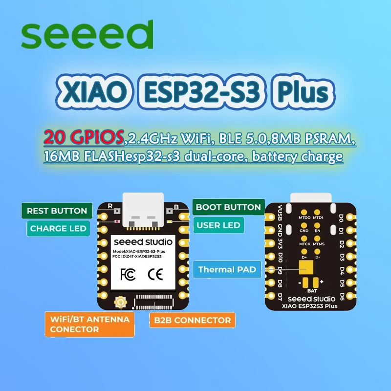 Seeed XIAO ESP32S3 Plus - 20 GPIOs, 1/2/3/5/10 PCS 2.4GHz WiFi, BLE 5.0,8MB PSRAM,16MB FLASH, esp32-s3 Dual-core,battery Charge
Seeed XIAO ESP32S3 Plus - 20 GPIOs, 1/2/3/5/10 PCS 2.4GHz WiFi, BLE 5.0,8MB PSRAM,16MB FLASH, esp32-s3 Dual-core,battery Charge