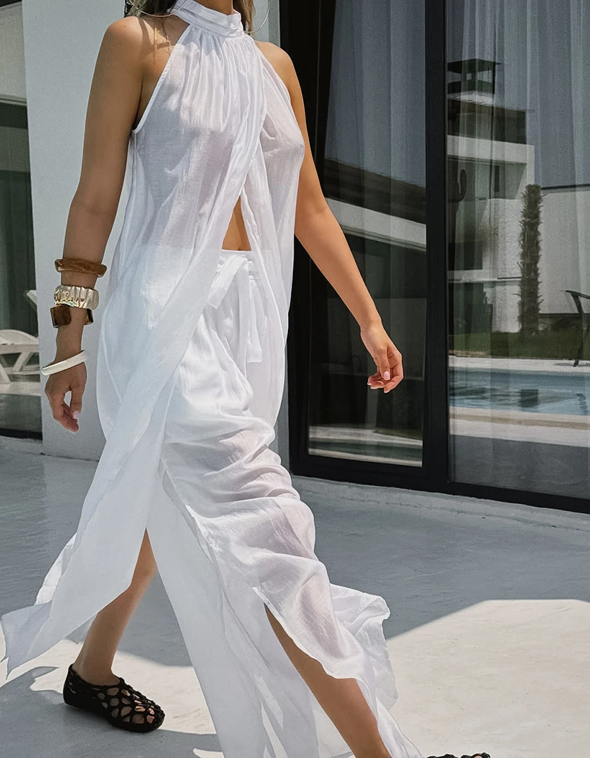 Sexy White Halter Backless Blouse Women Designer Long Chiffon Top Sleeveless High Slit Party Shirt Holiday Beach Cover Up 2026
Sexy White Halter Backless Blouse Women Designer Long Chiffon Top Sleeveless High Slit Party Shirt Holiday Beach Cover Up 2026