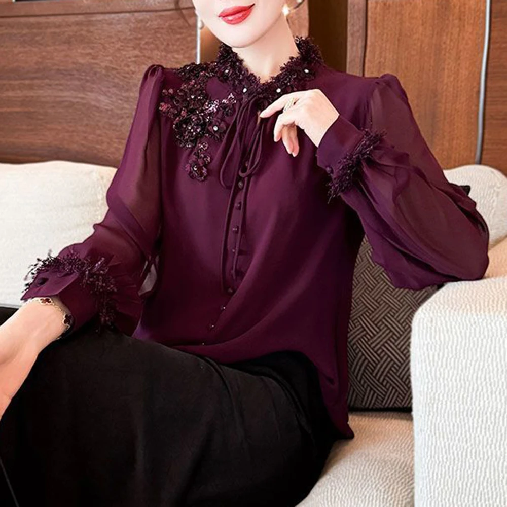 2026 Spring Autumn Hot Diamond Three-dimensional Flower Purple French Vintage Stand-up Collar Workplace Style Shirt Top Women
2026 Spring Autumn Hot Diamond Three-dimensional Flower Purple French Vintage Stand-up Collar Workplace Style Shirt Top Women