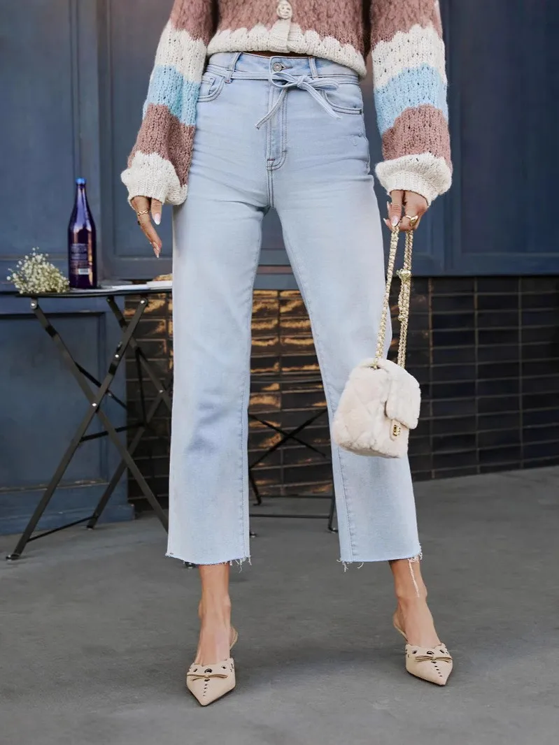 Spring Women's Clothing High Waist Tie Front Washed Straight Leg Jeans For Woman Denim Nine Length Mid Weight Street Style
Spring Women's Clothing High Waist Tie Front Washed Straight Leg Jeans For Woman Denim Nine Length Mid Weight Street Style