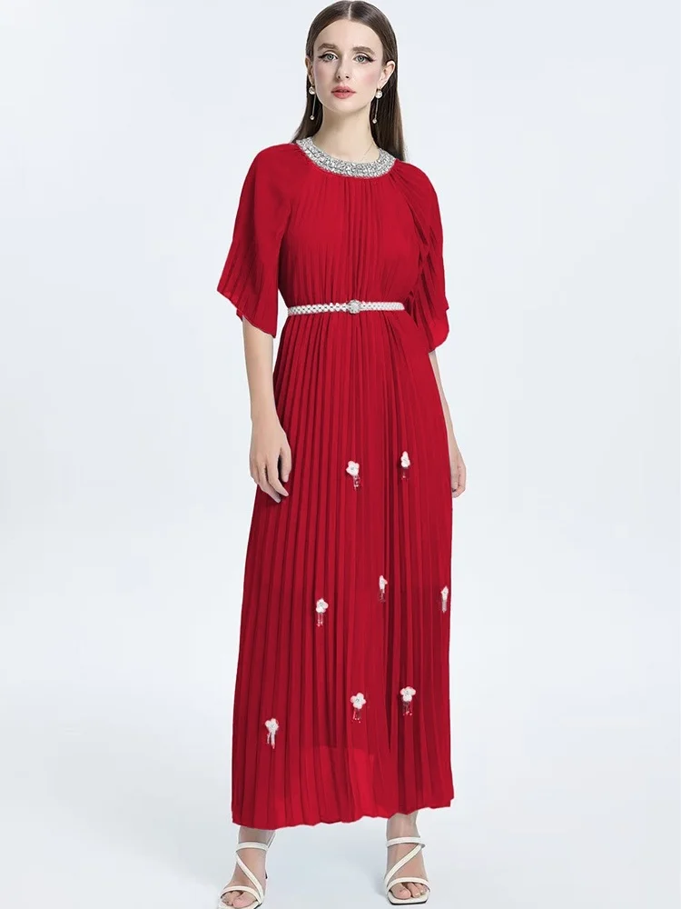 SMTHMA High End Luxury Diamond O-Neck Pleated Summer Dress Women's Short Sleeve Handmade Floral Fringe Summer Dresses With Belt
SMTHMA High End Luxury Diamond O-Neck Pleated Summer Dress Women's Short Sleeve Handmade Floral Fringe Summer Dresses With Belt