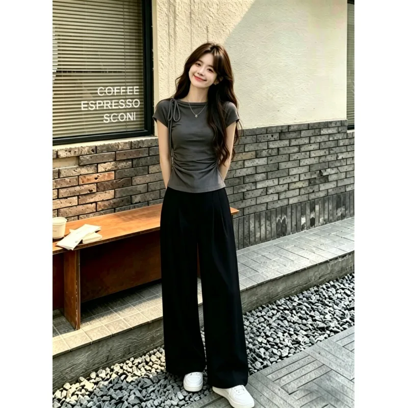 Korean Style Slimming Fashionable Two-Piece Set 2026 New Belted Wide Leg Pants Top And Bottoms Ensemble Short Sleeve round Neck
Korean Style Slimming Fashionable Two-Piece Set 2026 New Belted Wide Leg Pants Top And Bottoms Ensemble Short Sleeve round Neck