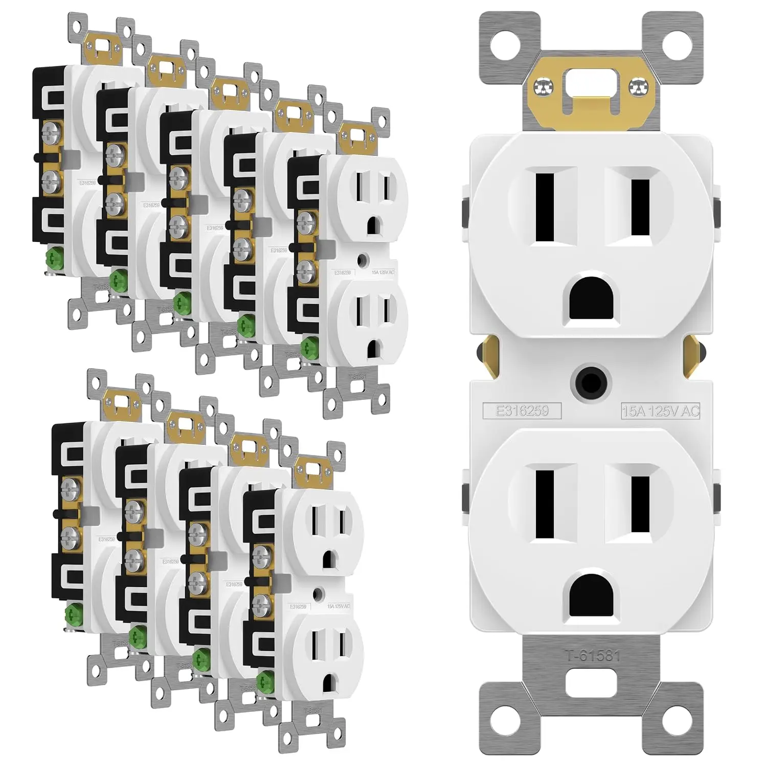 10 Pack Residential Grade Electrical Outlet, 15A 125V, Self-Grounding, UL Listed, White
10 Pack Residential Grade Electrical Outlet, 15A 125V, Self-Grounding, UL Listed, White