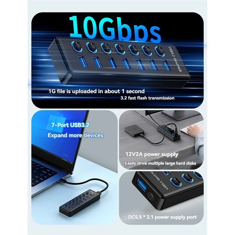 Профессиональный 7-портовый концентратор USB3.2 Gen2, концентратор USB 3.0 10 Гбит/с с индивидуальным переключателем, светодиодный индикатор управления с адаптером питания, вилка стандарта США
Профессиональный 7-портовый концентратор USB3.2 Gen2, концентратор USB 3.0 10 Гбит/с с индивидуальным переключателем, светодиодный индикатор управления с адаптером питания, вилка стандарта США