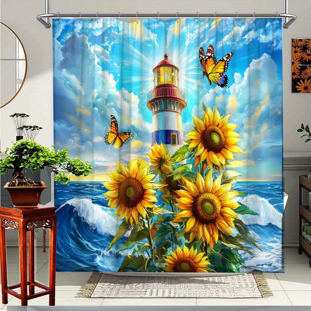 1pc Vibrant Sunflower & Butterfly Bathroom Curtain - Coastal Lighthouse Ocean Waves Design, Machine Washable Polyester Fabric,
1pc Vibrant Sunflower & Butterfly Bathroom Curtain - Coastal Lighthouse Ocean Waves Design, Machine Washable Polyester Fabric,