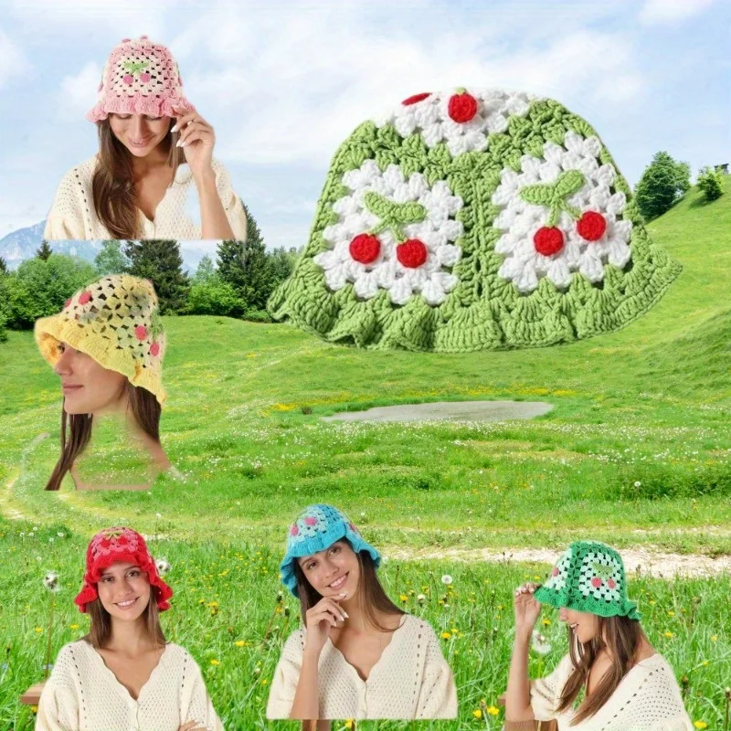 Wavy Edge Color Block Knit Bucket Hat Hand Crochet Cherry Design Breathable Fisherman Cap for Women Spring Summer Fashion
Wavy Edge Color Block Knit Bucket Hat Hand Crochet Cherry Design Breathable Fisherman Cap for Women Spring Summer Fashion