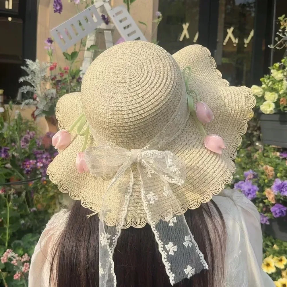 Fashion Sweet Lace Tulip Sun Hat Korean Style Flat Top Straw Woven Hat Wide Brim Elegant Bow Sunscreen Hat Spring Summer
Fashion Sweet Lace Tulip Sun Hat Korean Style Flat Top Straw Woven Hat Wide Brim Elegant Bow Sunscreen Hat Spring Summer