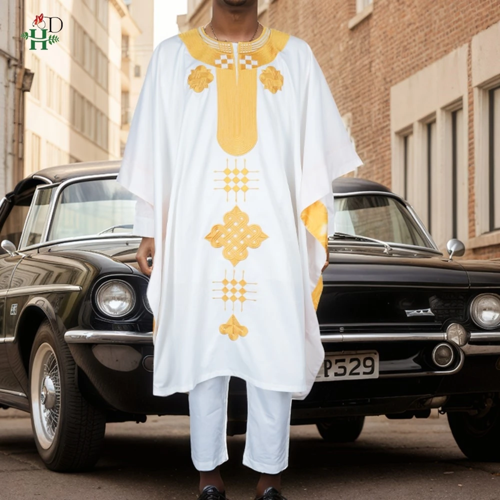 H&D African Clothing For Man Traditional Agbada Sets 3 PCS White Gold Shirt Pant Embroidery Wedding Party Suits Plus Size
H&D African Clothing For Man Traditional Agbada Sets 3 PCS White Gold Shirt Pant Embroidery Wedding Party Suits Plus Size