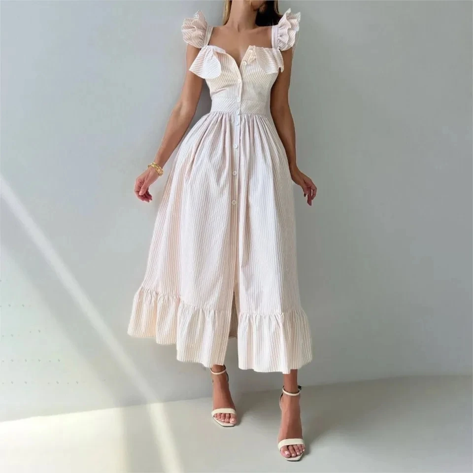 Fashion Sleeveless Double City Ruffle Shirt Women's Dress Summer Print Striped Cardigan Single Breakfast Elegant Female Dresses
Fashion Sleeveless Double City Ruffle Shirt Women's Dress Summer Print Striped Cardigan Single Breakfast Elegant Female Dresses