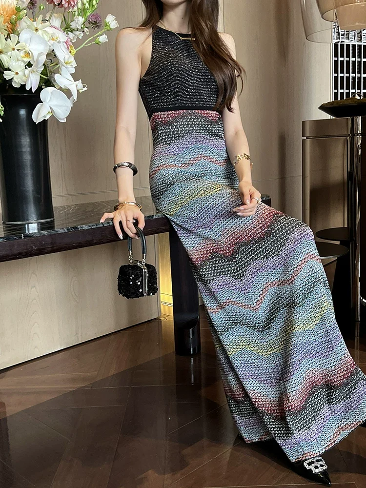 Colorful Striped Women Knitted Maxi Dress Sleeveless Round Neck High Waist Retro Ladies Robe
Colorful Striped Women Knitted Maxi Dress Sleeveless Round Neck High Waist Retro Ladies Robe