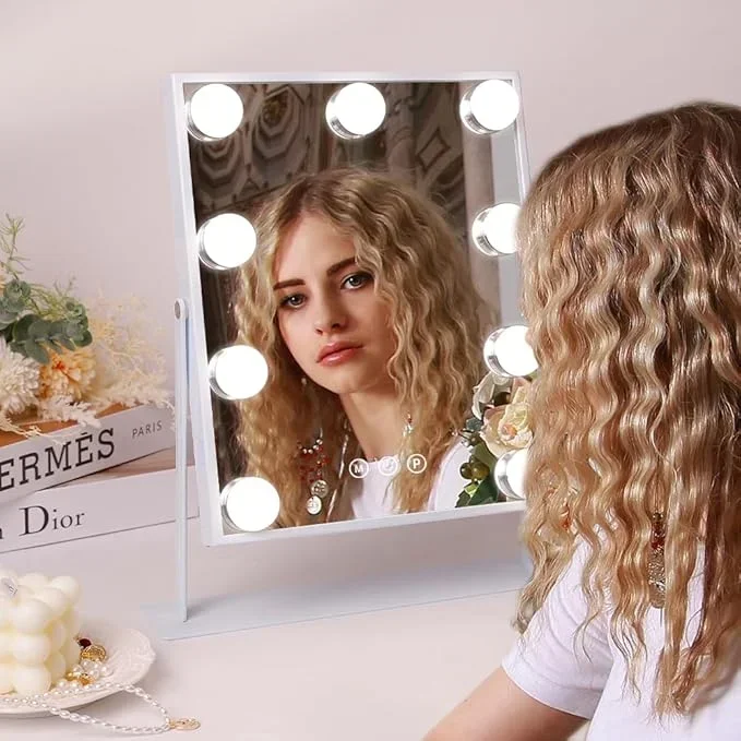 Illuminated vanity mirror with 9 LED bulbs, with detachable 10x magnifier, 3 color illumination modes, 360° swivel
Illuminated vanity mirror with 9 LED bulbs, with detachable 10x magnifier, 3 color illumination modes, 360° swivel