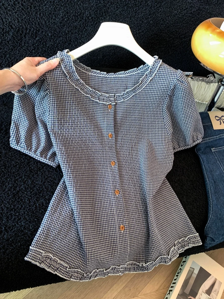 Black Plaid Wood Grain Ruffle Sleeve Shirt Women's Summer New Sweet Style Fashion Single Button Short Sleeve Top
Black Plaid Wood Grain Ruffle Sleeve Shirt Women's Summer New Sweet Style Fashion Single Button Short Sleeve Top