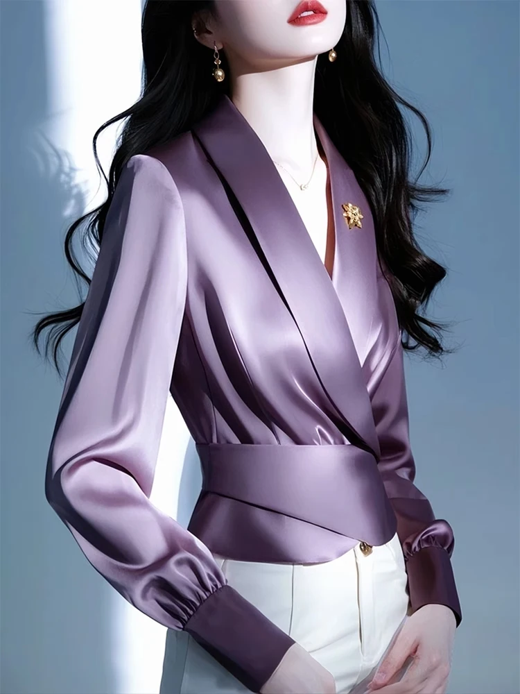 Elegant Purple Silk Shirt Women's Long Sleeve Spring Fashion 2026 New Waist-Cinching Slimming V-neck Short Professional Top
Elegant Purple Silk Shirt Women's Long Sleeve Spring Fashion 2026 New Waist-Cinching Slimming V-neck Short Professional Top