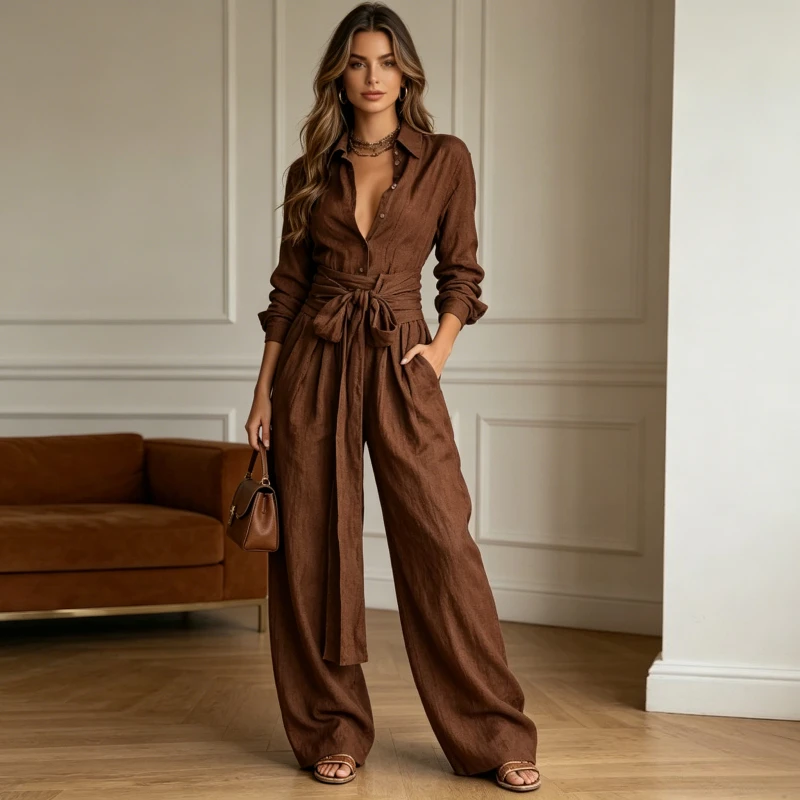 Women Pants Suit Shirts Wide Leg Trousers 2 Piece Sets Single Breasted Lace Up Overshirt Tops Outfits Office Lady Ensemble
Women Pants Suit Shirts Wide Leg Trousers 2 Piece Sets Single Breasted Lace Up Overshirt Tops Outfits Office Lady Ensemble