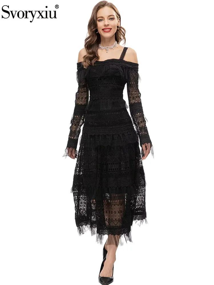 Svoryxiu Summer Fashion Black Color Elegant Long Dress Women's One Word Collar Long Sleeve Slim Hollow Out Embroidery Dress
Svoryxiu Summer Fashion Black Color Elegant Long Dress Women's One Word Collar Long Sleeve Slim Hollow Out Embroidery Dress