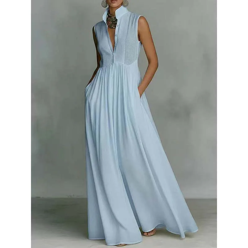 Bohemian Stand Collar Button Maxi Shirt Dress Woman Elegant High Waist Solid Party Dress Summer Sleeveless Loose Casual Dresses
Bohemian Stand Collar Button Maxi Shirt Dress Woman Elegant High Waist Solid Party Dress Summer Sleeveless Loose Casual Dresses
